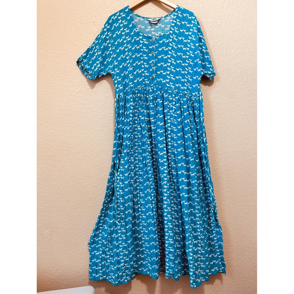 Vintage Roper Medium Horse Cowgirl Ditsy Print Midi Dress Teal Blue Western Boho